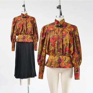 Vintage 80s Silky Floral Blouson Peplum Waist Bishop Sleeve Blouse size S